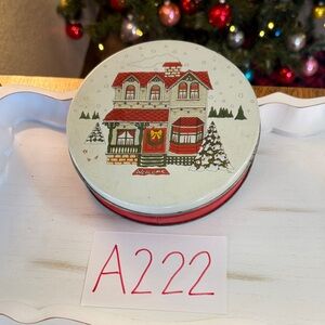 Vintage Holiday Tin with House Design